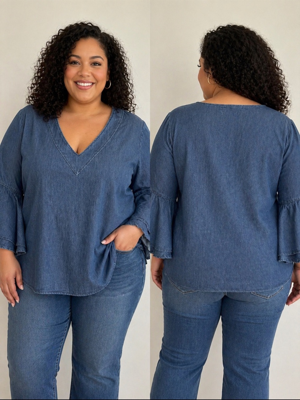 Philosophy Women's Plus Size Denim V-Neck Ruffle Bell Sleeve Tunic 2X NWT